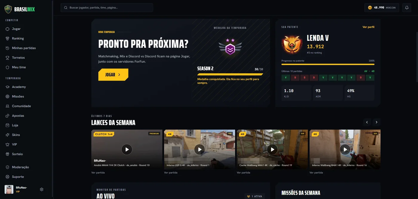 BrasilMIX web app: season panel, rank and weekly highlights